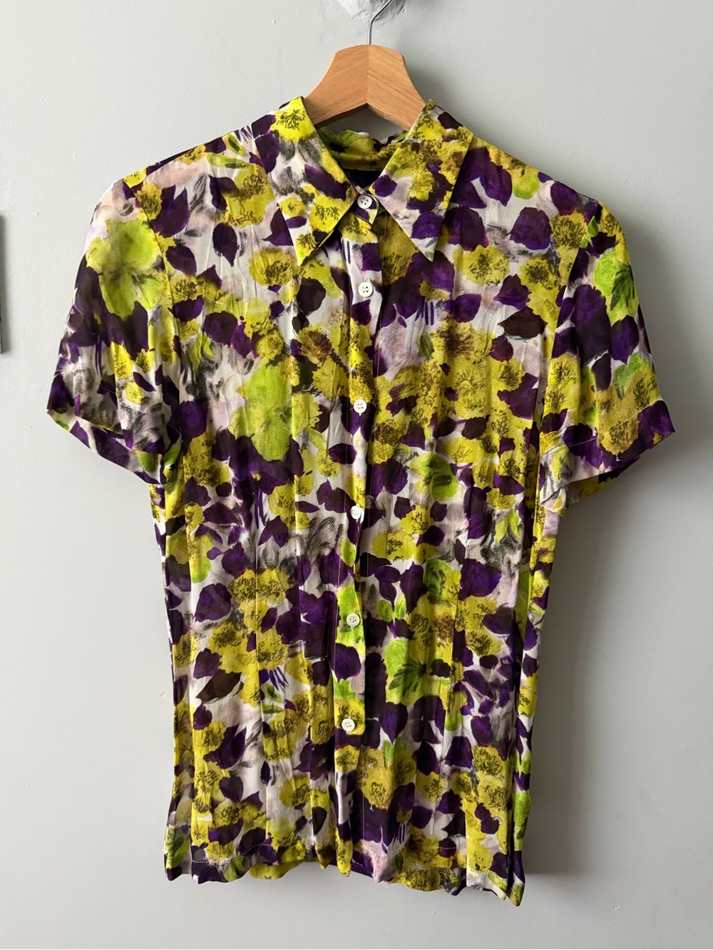 Dries Van Noten Yellow, Purple and Green Short-Sleeve Button Down Blouse